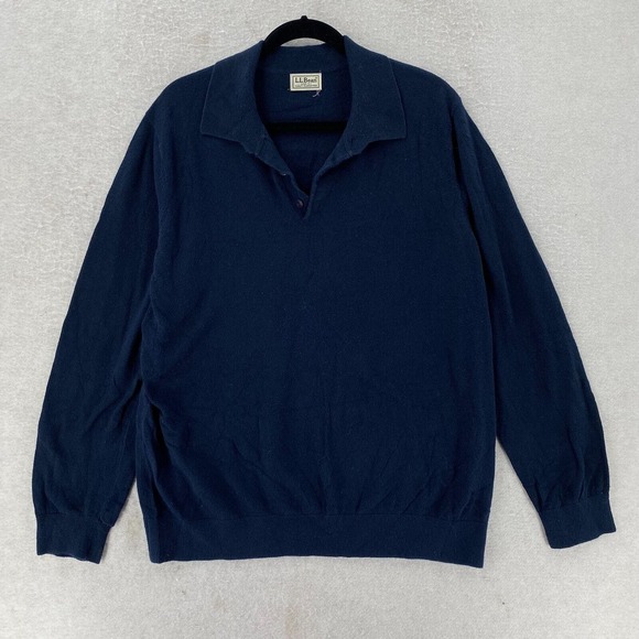 LL Bean Sweater Mens XL Blue‎ Cotton Cashmere Blend Polo Henley Luxury Pullover - Picture 1 of 12